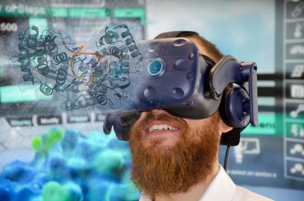 Reseracher with augmented reality visor